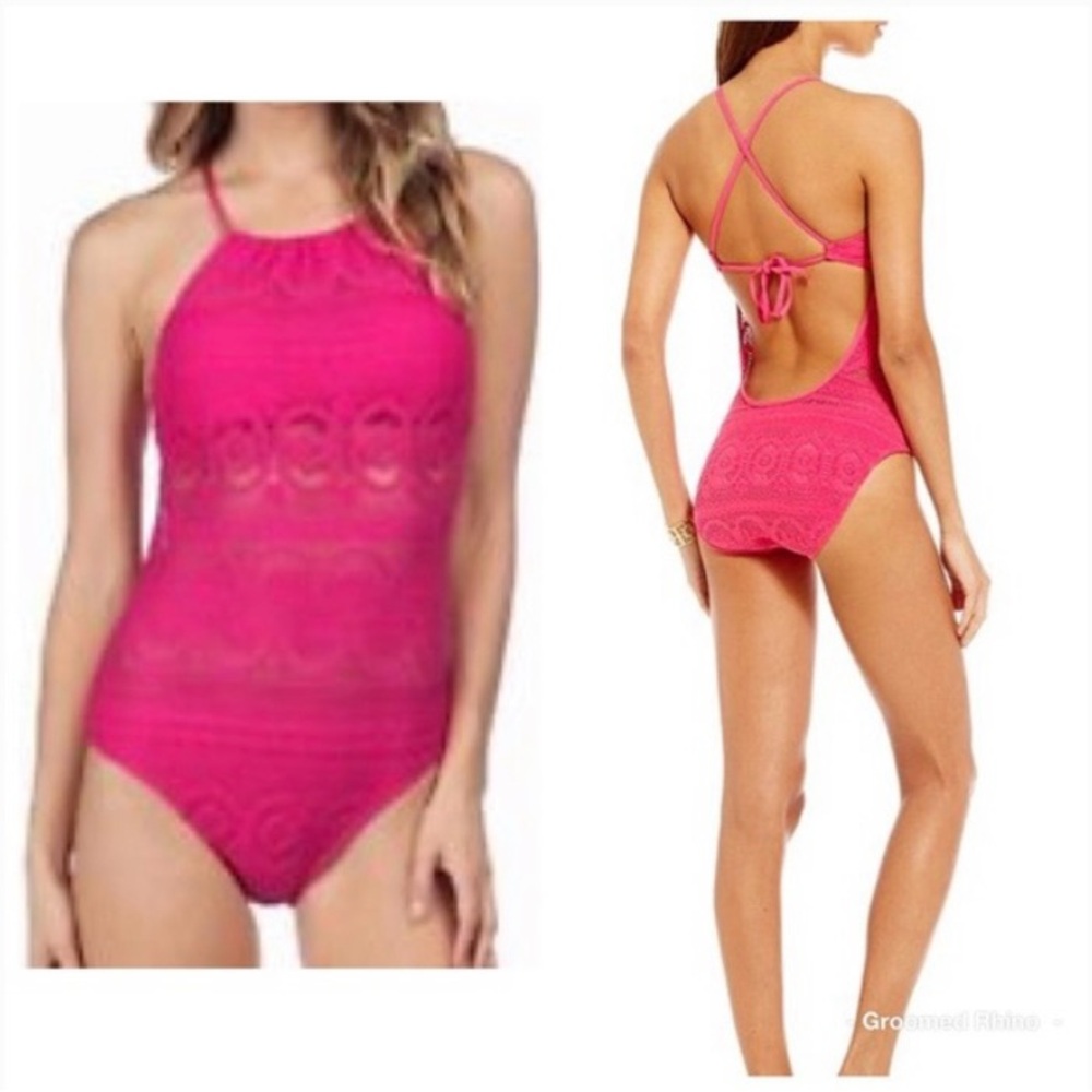 KENNETH COLE Reaction Halter Neck Womens Crochet One Piece Swimsuit Pink Size L